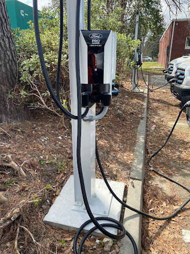 An electric car charging station in a residential area